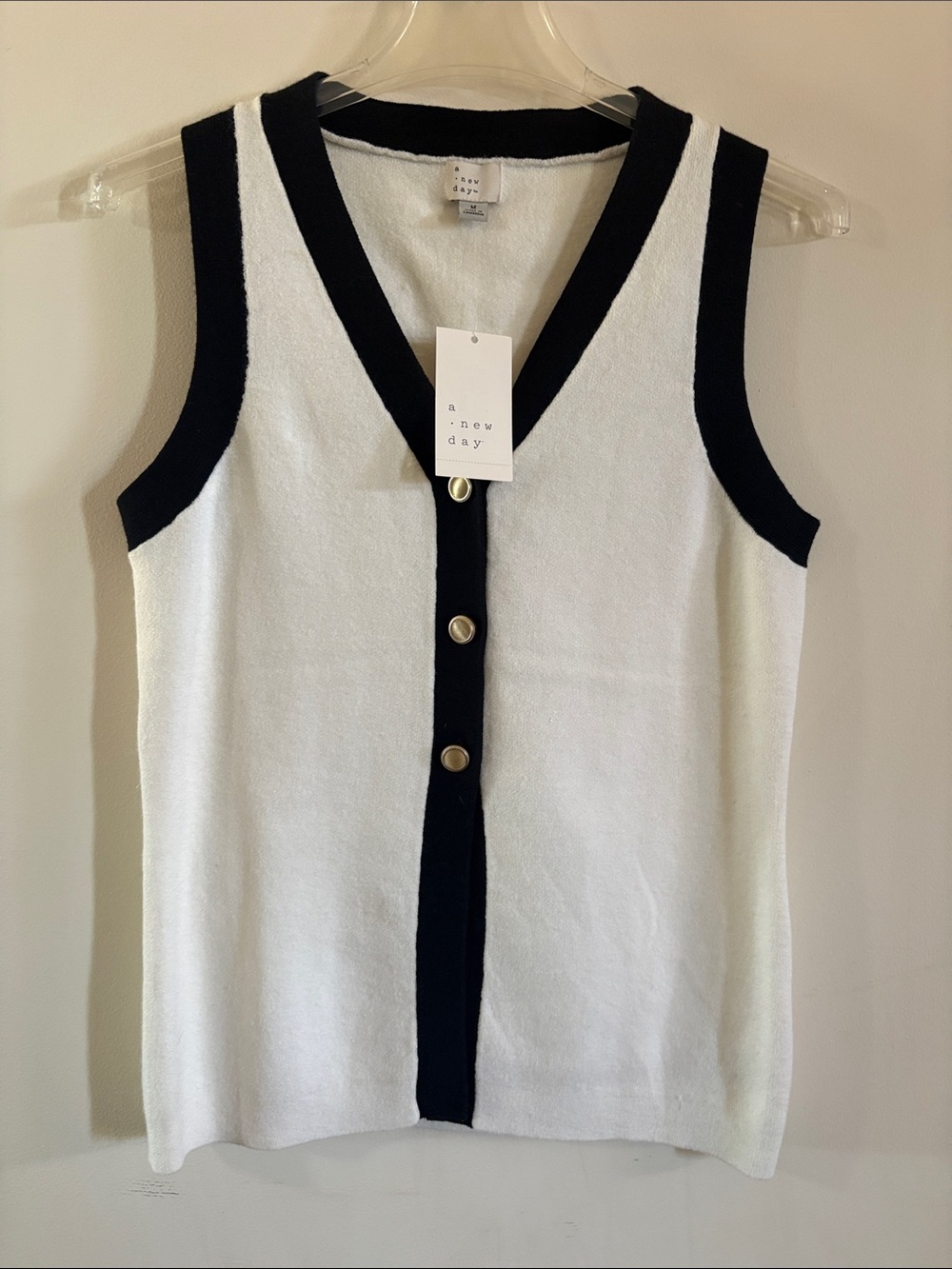 a new day White Tank Top with Black Trim